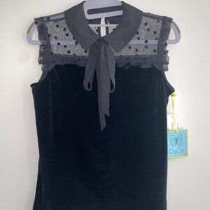 Black Velvet Polka Dot Sheer Sleeveless Top with Collar by CeCe - XSMALL